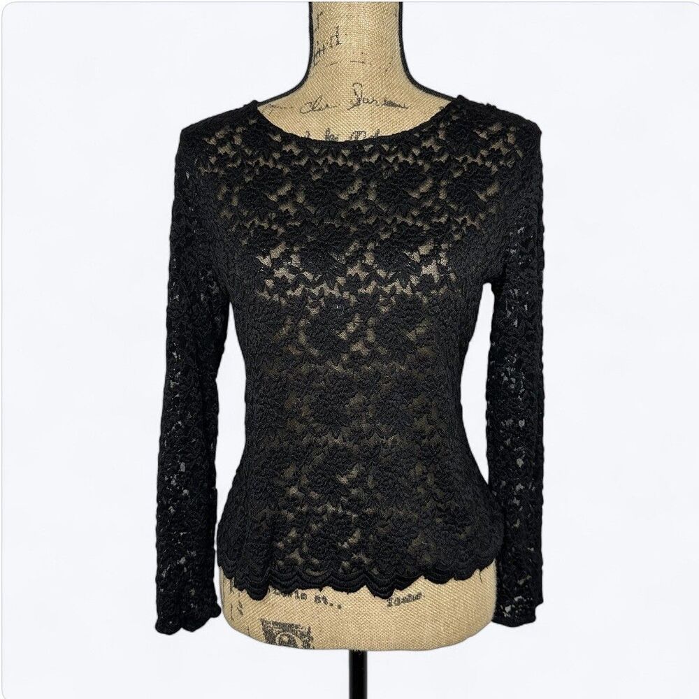 Black Sheer Floral Mesh Top Womens Sz S? Long Sleeve Dark Romantic Fairy‎ Witchy